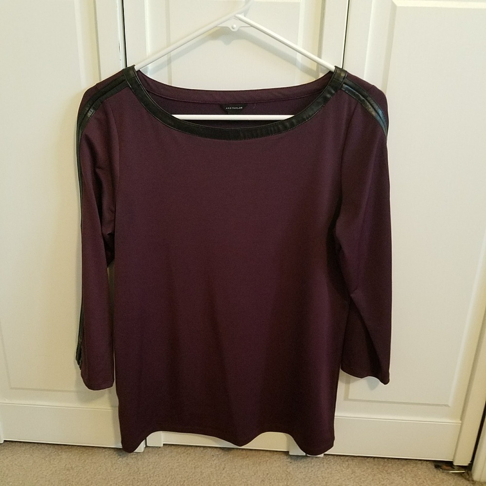 Ann Taylor Plum Blouse with Faux Leather Accents